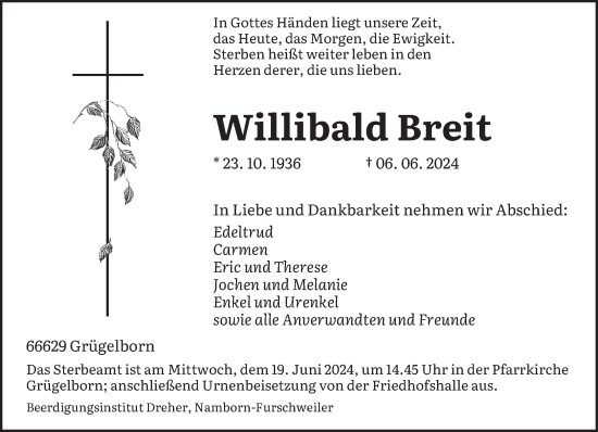 Traueranzeige von Willibald Breit von saarbruecker_zeitung
