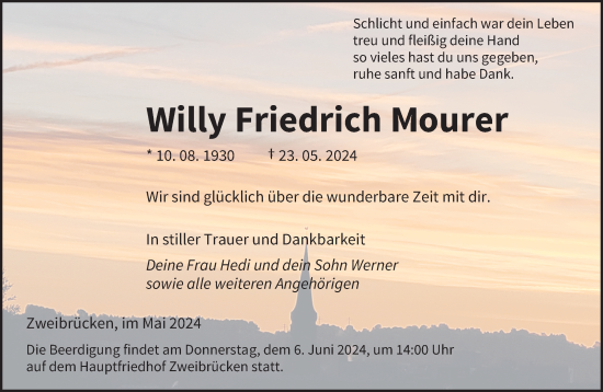 Traueranzeige von Willy Friedrich Mourer von saarbruecker_zeitung