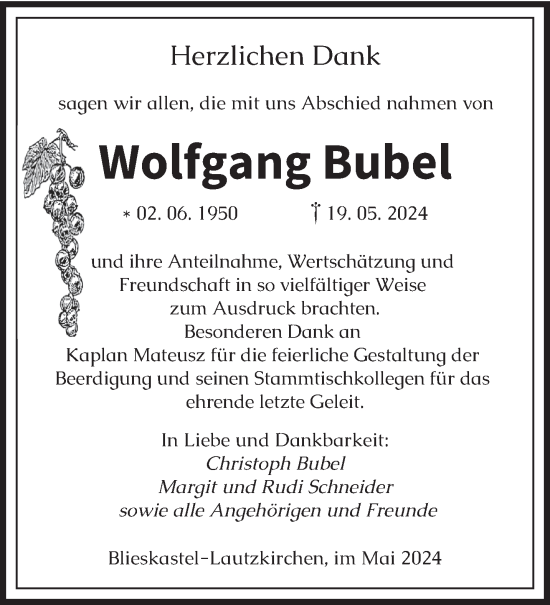 Traueranzeige von Wolfgang Bubel von saarbruecker_zeitung