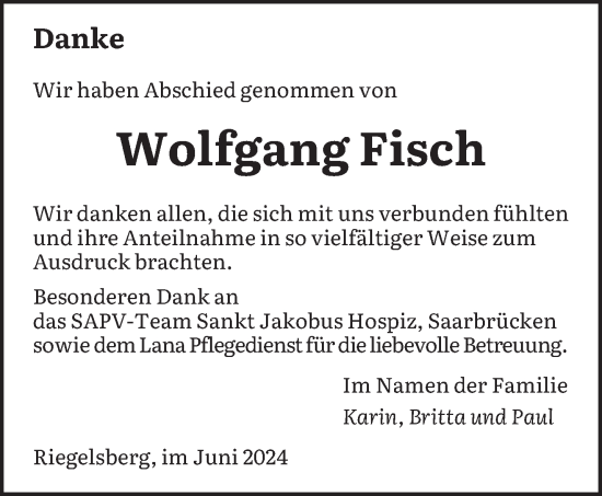 Traueranzeige von Wolfgang Fisch von saarbruecker_zeitung