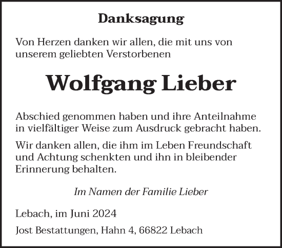 Traueranzeige von Wolfgang Lieber von saarbruecker_zeitung