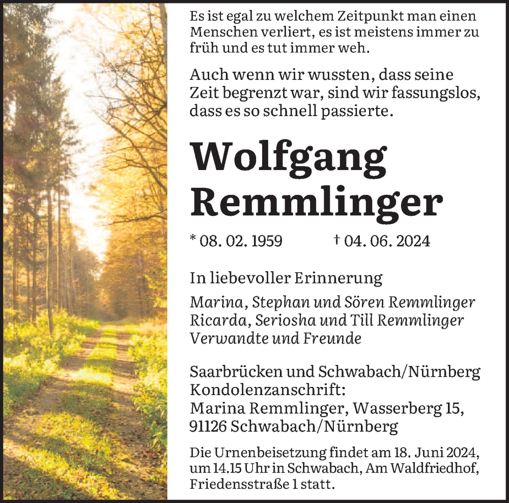  Traueranzeige für Wolfgang Remmlinger vom 15.06.2024 aus saarbruecker_zeitung