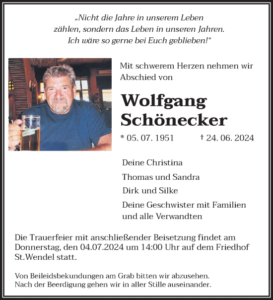 Traueranzeige von Wolfgang Schönecker von saarbruecker_zeitung