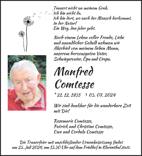 Traueranzeige von Manfred Comtesse von saarbruecker_zeitung