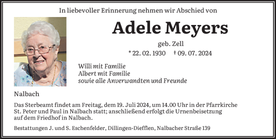 Traueranzeige von Adele Meyers von saarbruecker_zeitung