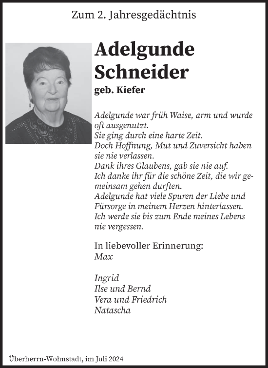 Traueranzeige von Adelgunde Schneider von saarbruecker_zeitung