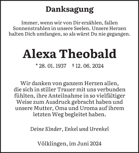 Traueranzeige von Alexa Theobald von saarbruecker_zeitung