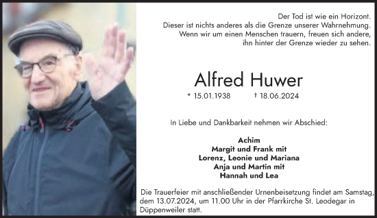 Traueranzeige von Alfred Huwer von saarbruecker_zeitung