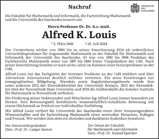 Traueranzeige von Alfred Louis von saarbruecker_zeitung