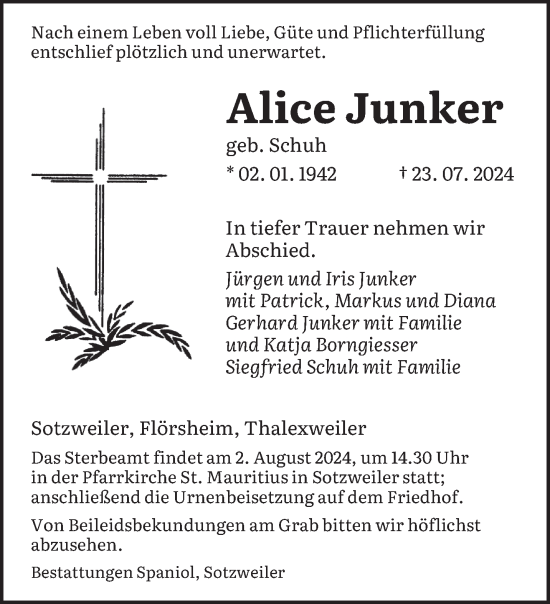 Traueranzeige von Alice Junker von saarbruecker_zeitung