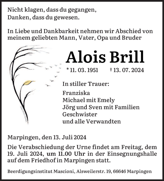 Traueranzeige von Alois Brill von saarbruecker_zeitung