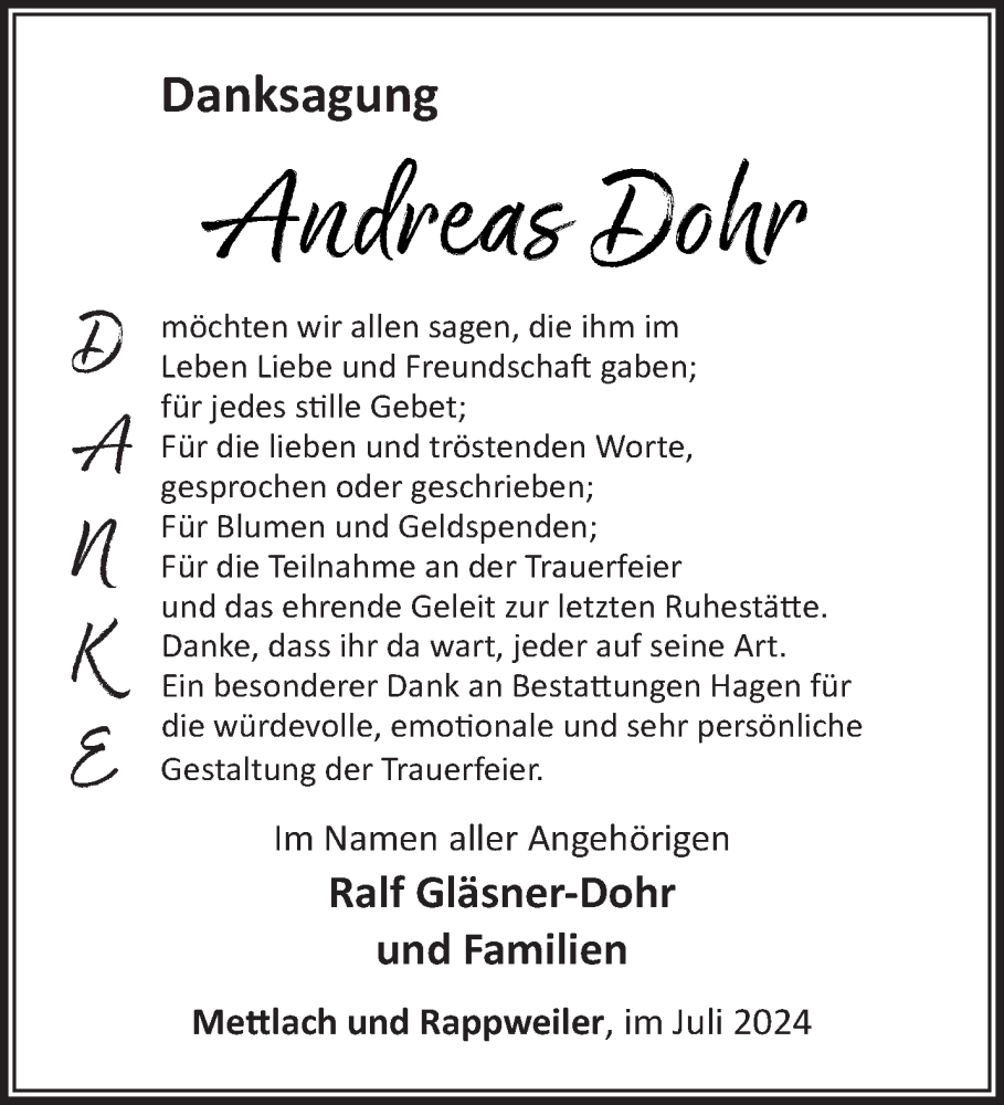  Traueranzeige für Andreas Dohr vom 27.07.2024 aus saarbruecker_zeitung