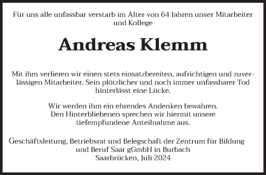 Traueranzeige von Andreas Klemm von saarbruecker_zeitung