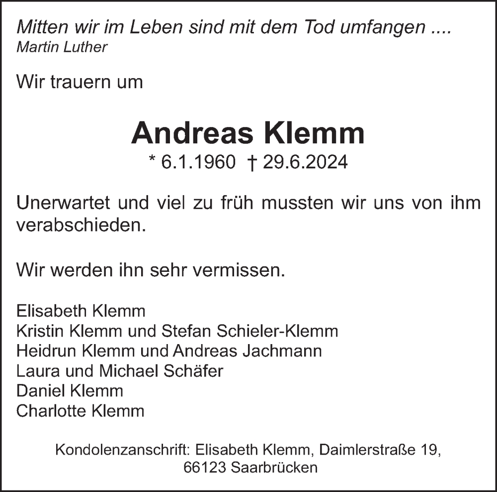  Traueranzeige für Andreas Klemm vom 06.07.2024 aus saarbruecker_zeitung