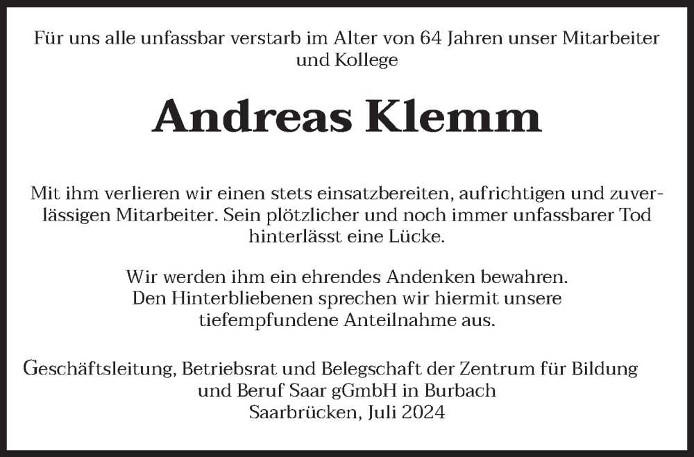  Traueranzeige für Andreas Klemm vom 10.07.2024 aus saarbruecker_zeitung