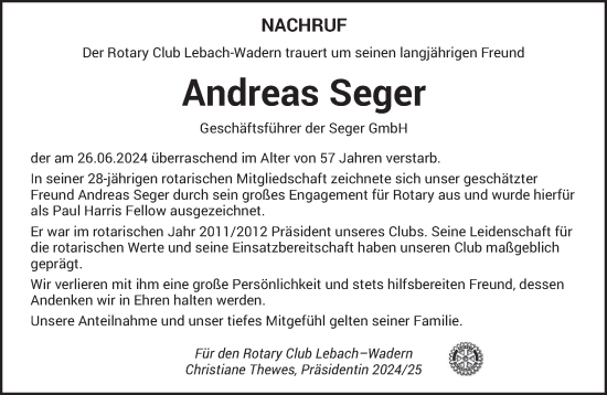 Traueranzeige von Andreas Seger von saarbruecker_zeitung