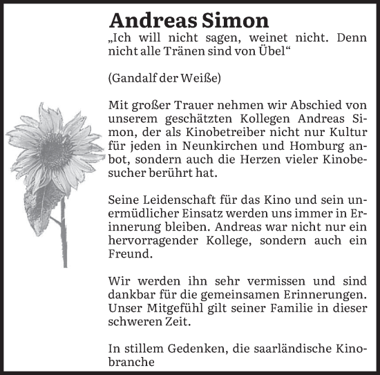 Traueranzeige von Andreas Simon von saarbruecker_zeitung