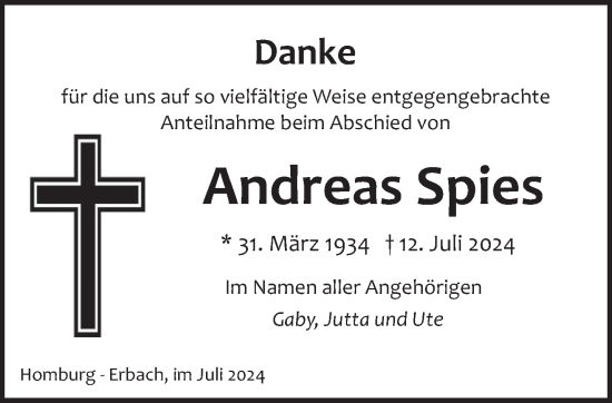 Traueranzeige von Andreas Spies von saarbruecker_zeitung