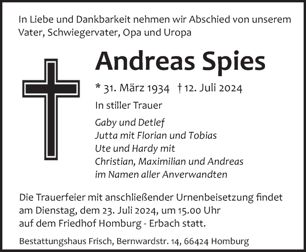  Traueranzeige für Andreas Spies vom 20.07.2024 aus saarbruecker_zeitung