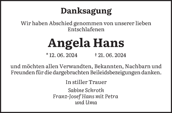 Traueranzeige von Angela Hans von saarbruecker_zeitung