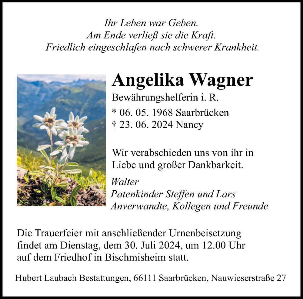  Traueranzeige für Angelika Wagner vom 13.07.2024 aus saarbruecker_zeitung