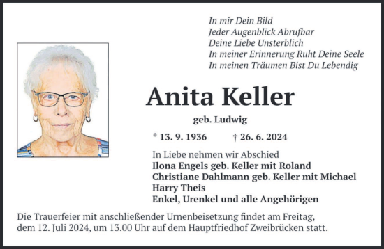 Traueranzeige von Anita Keller von saarbruecker_zeitung