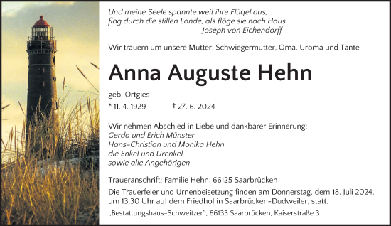 Traueranzeige von Anna Auguste Hehn von saarbruecker_zeitung