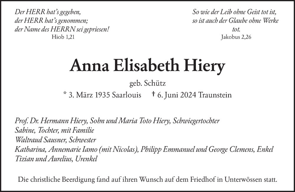  Traueranzeige für Anna Elisabeth Hiery vom 06.07.2024 aus saarbruecker_zeitung