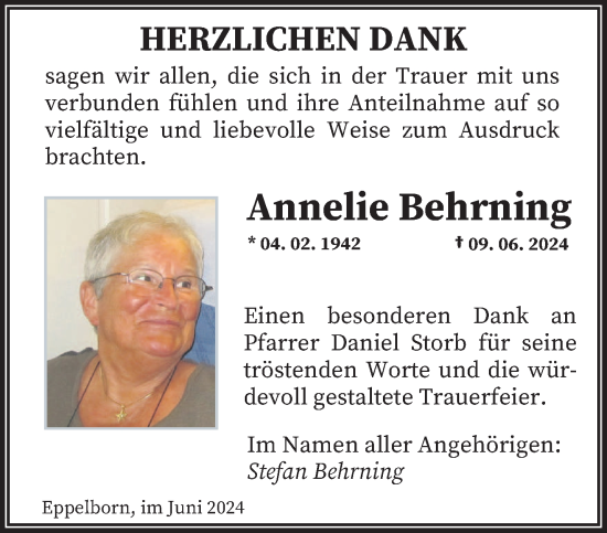 Traueranzeige von Annelie Behrning von saarbruecker_zeitung