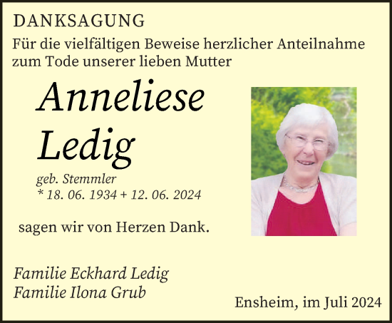 Traueranzeige von Anneliese Ledig von saarbruecker_zeitung