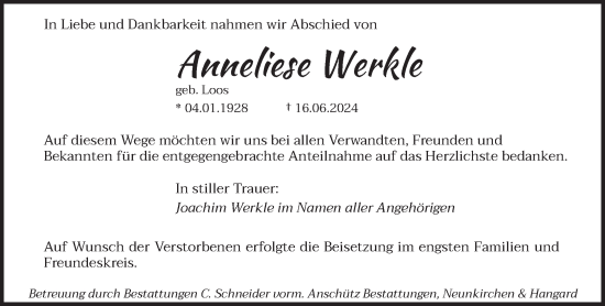 Traueranzeige von Anneliese Werkle von saarbruecker_zeitung