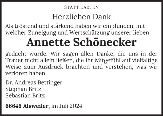 Traueranzeige von Annette Schönecker von saarbruecker_zeitung