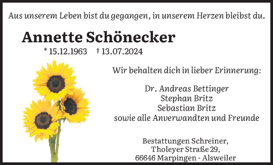 Traueranzeige von Annette Schönecker von saarbruecker_zeitung