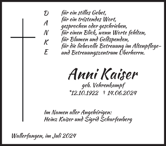Traueranzeige von Anni Kaiser von saarbruecker_zeitung