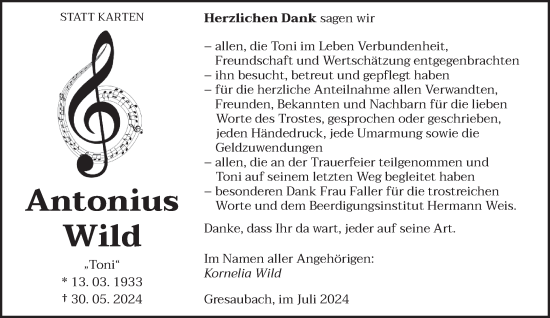 Traueranzeige von Antonius Wild von saarbruecker_zeitung