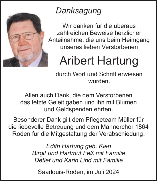 Traueranzeige von Aribert Hartung von saarbruecker_zeitung