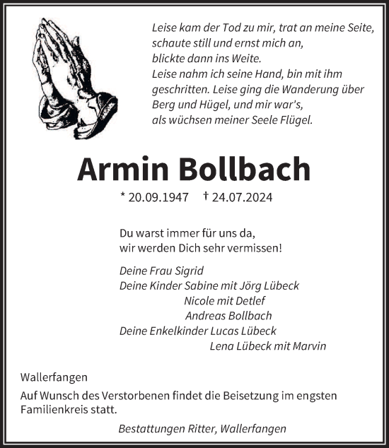 Traueranzeige von Armin Bollbach von saarbruecker_zeitung