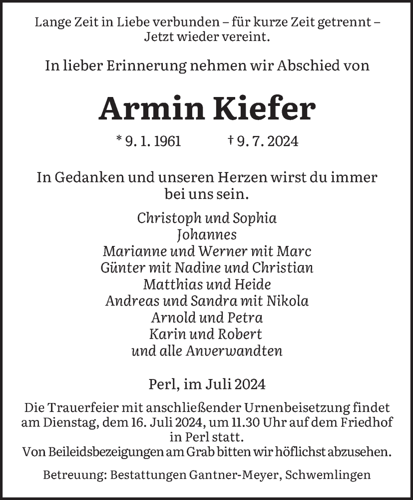  Traueranzeige für Armin Kiefer vom 13.07.2024 aus saarbruecker_zeitung