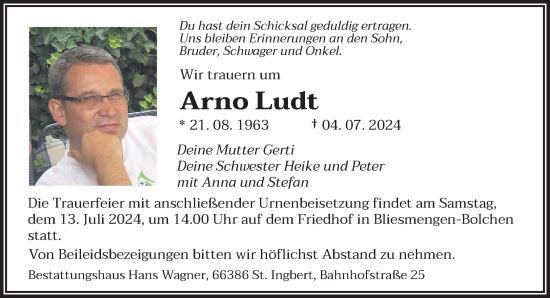 Traueranzeige von Arno Ludt von saarbruecker_zeitung