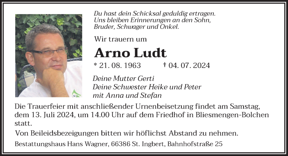  Traueranzeige für Arno Ludt vom 10.07.2024 aus saarbruecker_zeitung