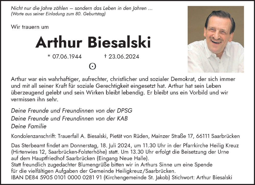  Traueranzeige für Arthur Biesalski vom 13.07.2024 aus saarbruecker_zeitung