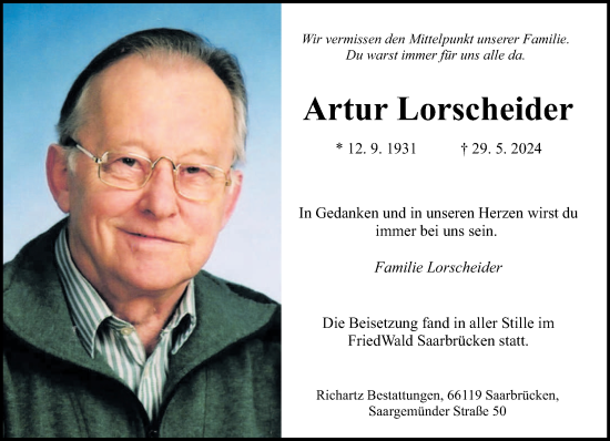 Traueranzeige von Artur Lorscheider von saarbruecker_zeitung