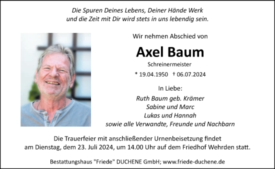 Traueranzeige von Axel Baum von saarbruecker_zeitung