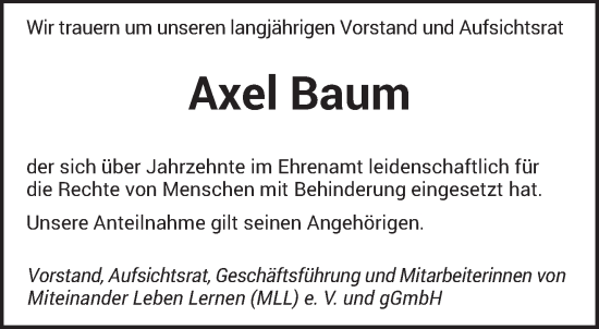 Traueranzeige von Axel Baum von saarbruecker_zeitung