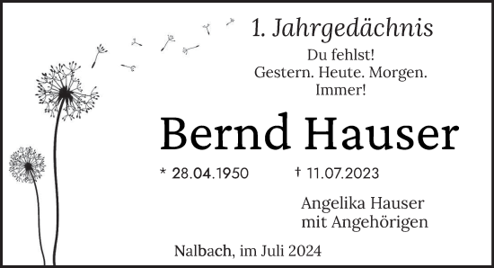 Traueranzeige von Bernd Hauser von saarbruecker_zeitung