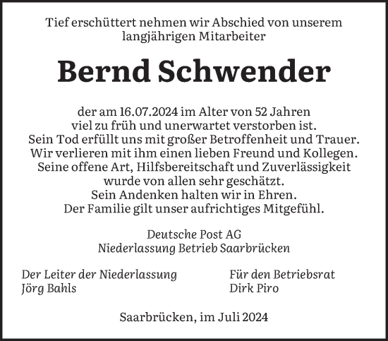 Traueranzeige von Bernd Schwender von saarbruecker_zeitung