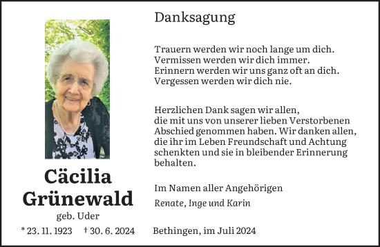 Traueranzeige von Cäcilia Grünewald von saarbruecker_zeitung