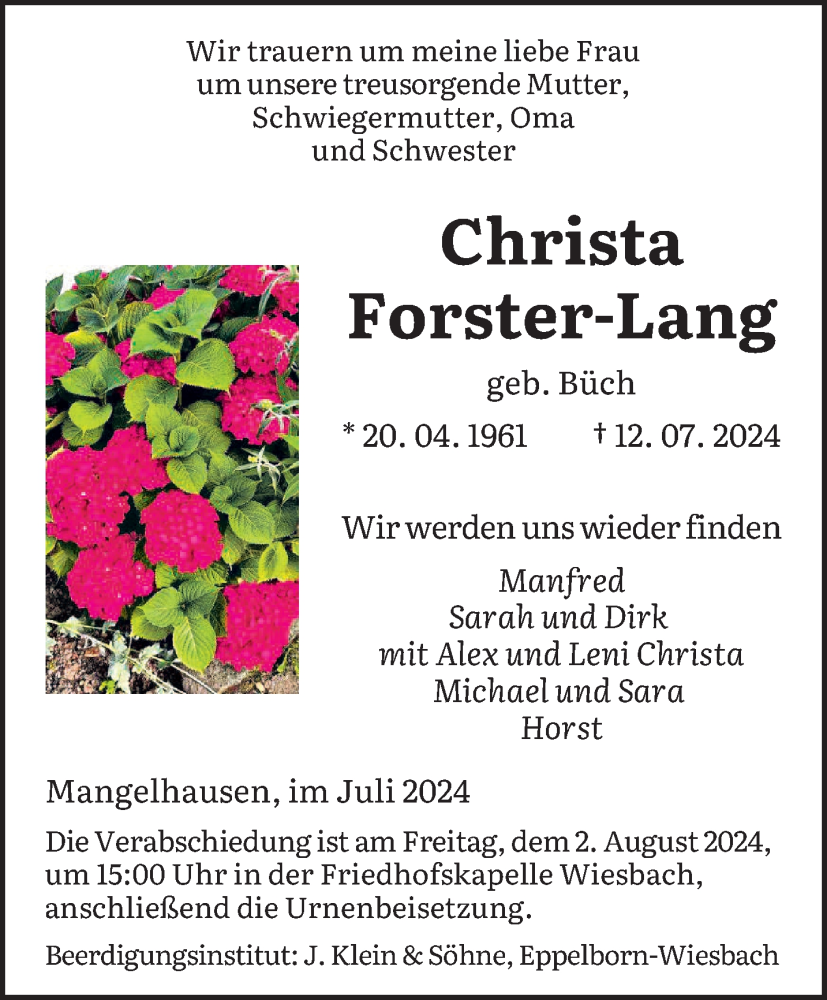  Traueranzeige für Christa Forster-Lang vom 20.07.2024 aus saarbruecker_zeitung