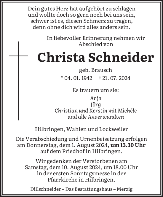 Traueranzeige von Christa Schneider von saarbruecker_zeitung