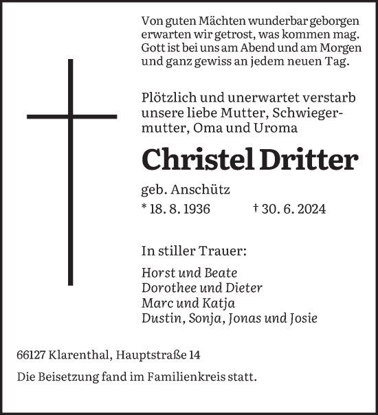Traueranzeige von Christel Dritter von saarbruecker_zeitung